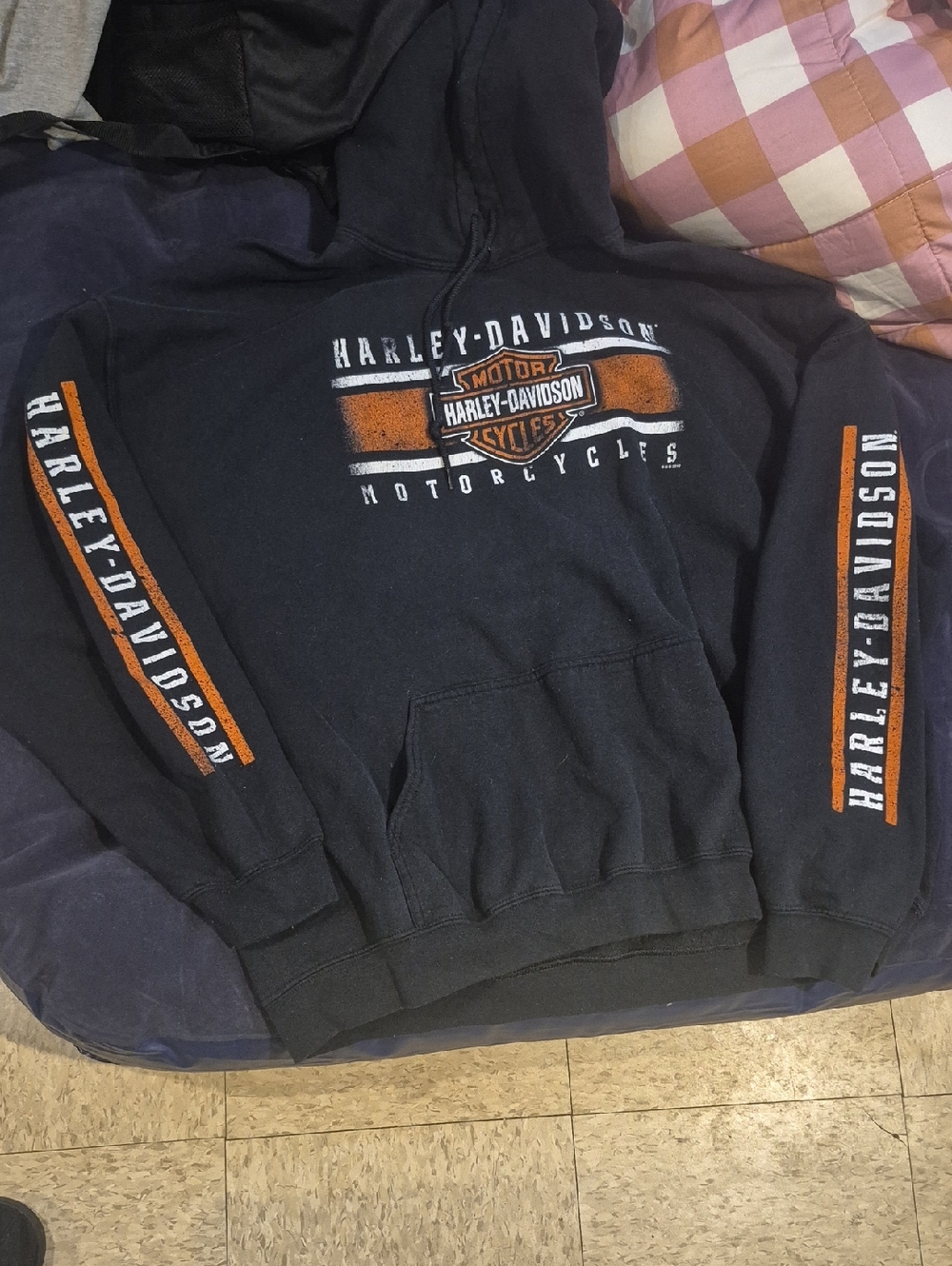Used, . Harley-Davidson Black Hoodie with Orange Logo Accents